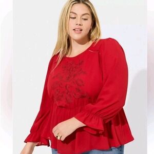 Torrid Red Peplum Sheer Boho Blouse Balloon Ruffle Cuff 1 / 14-16 Plus Embrd Top